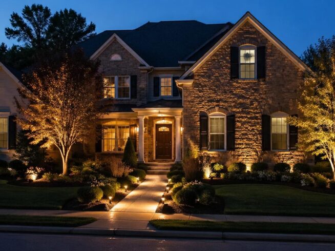 ScapeWorx landscape lighting design on upscale Glen Mills PA home with illuminated walkway, stone facade, and front entry