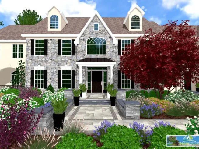 Front yard landscape design rendering by ScapeWorx showcasing vibrant seasonal plantings and formal stone entry