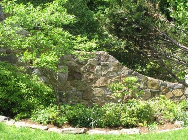 Curved stone garden wall surrounded by exuberant greenery