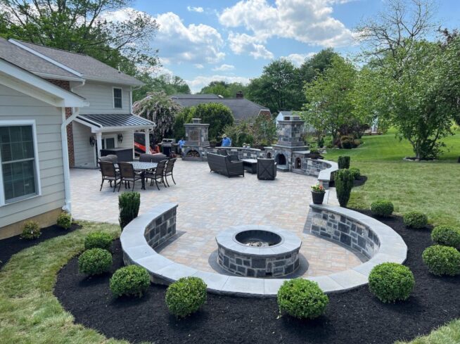Outdoor Living Space with Masonry, Fire Pit, Wall, Fireplace, and Brick Pizza Oven – Glen Mills, Wilmington DE, Media PA – ScapeWorx