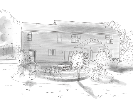 ScapeWorx backyard patio installation with fire pit and fresh mulch around new plantings sketch