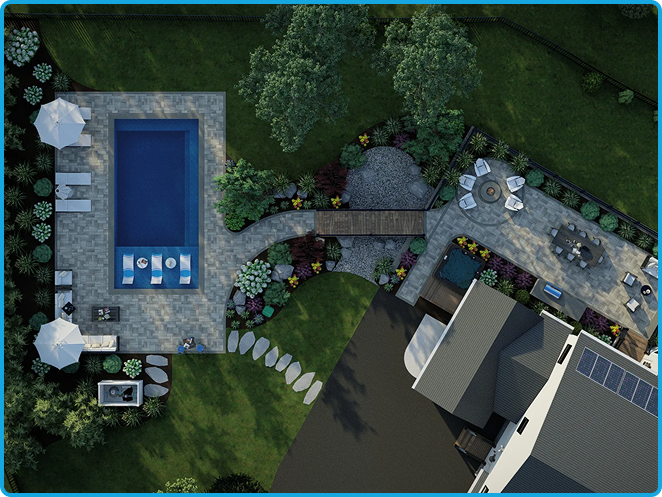 ScapeWorx aerial view of luxury patio and pool installation with landscape lighting
