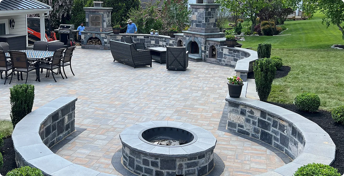 Outdoor Living Space with Masonry, Fire Pit, Wall, Fireplace, and Brick Pizza Oven – Glen Mills, Wilmington DE, Media PA – ScapeWorx