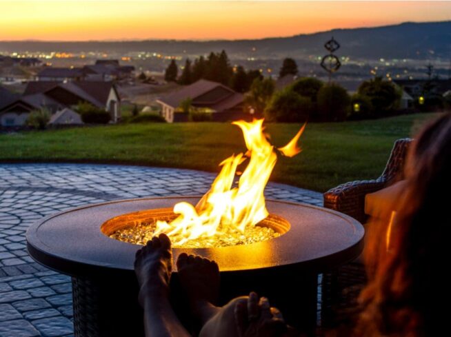 Backyard fire pit installation with sunset view and stone patio