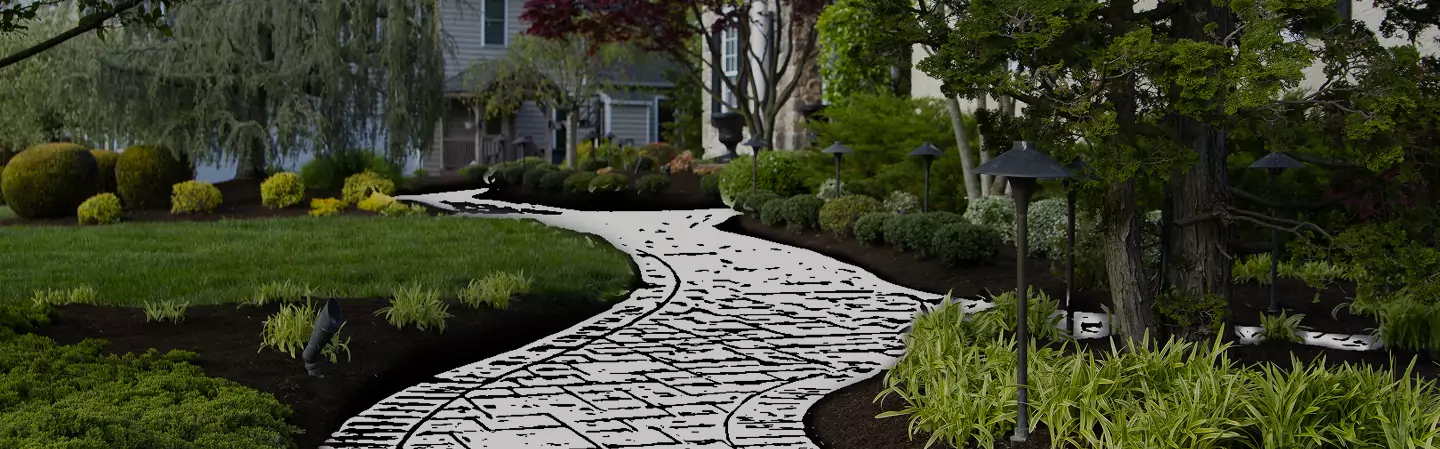 Front yard landscape with illustrated paver walkway design overlay by ScapeWorx