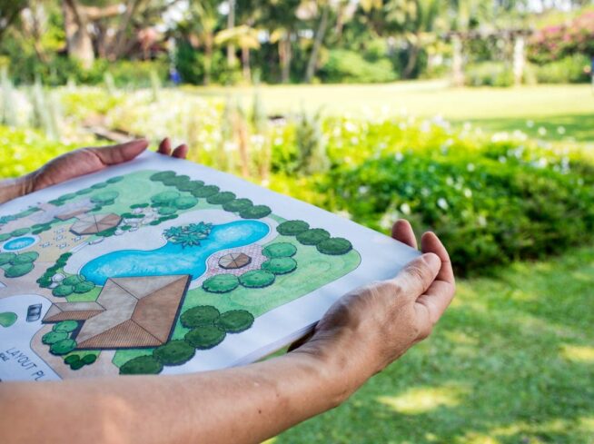 Landscape designer reviewing a hardscape and pool layout plan on-site