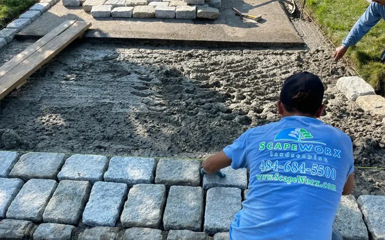 Top-rated driveway landscaping - apron and cobblestone landscape installation near me in Chadds Ford PA by ScapeWorx