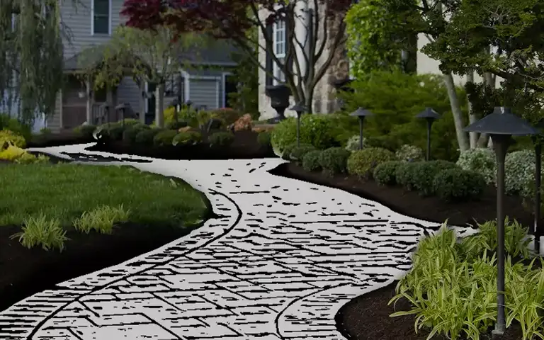 Front yard landscape with illustrated paver walkway design overlay by ScapeWorx