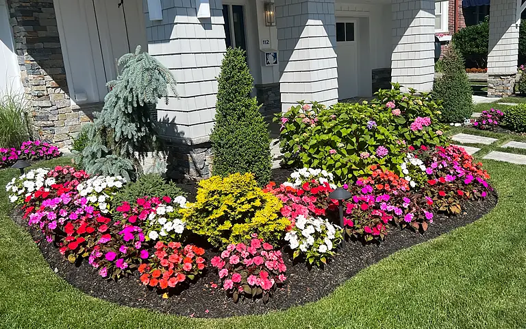 Front garden bed with vibrant seasonal flowers and perfectly edged mulch ring by ScapeWorx