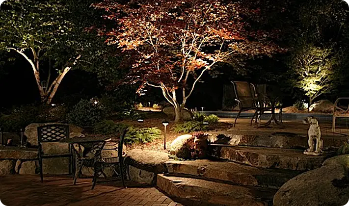 Warm landscape lighting around backyard patio with uplights and path lights