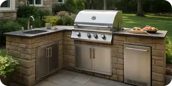 Built-in outdoor kitchen with stainless grill, sink, and stone base on patio