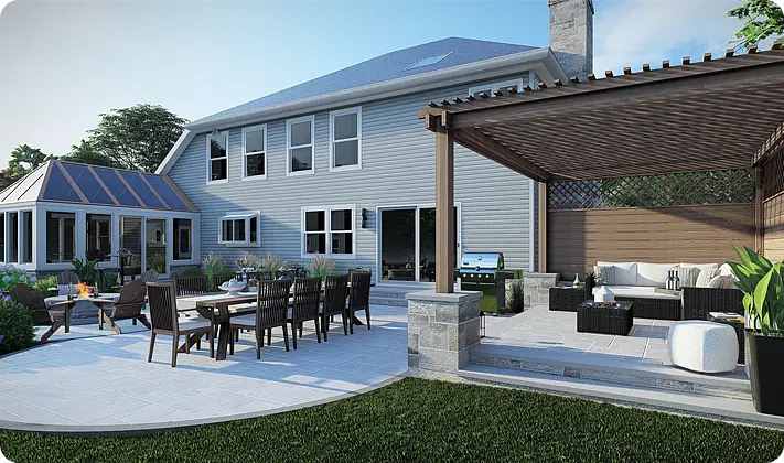 Outdoor living space with covered patio, fire pit, and dining area by ScapeWorx