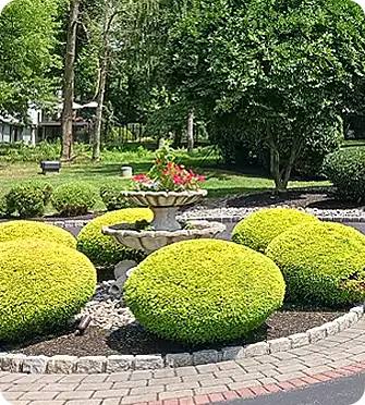 Top - notch hand pruning with round shrubs and a central fountain.