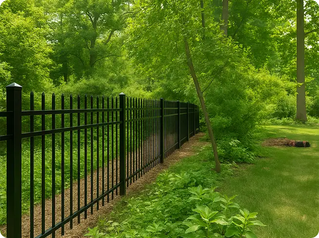ScapeWorx black aluminum fence installed along wooded backyard