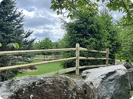 ScapeWorx split rail fence with wire mesh set among trees and rocks