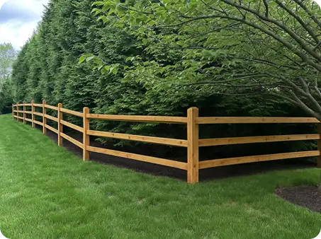ScapeWorx installed three-rail wood fence along lush green tree line