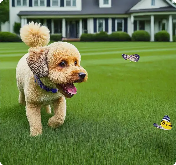 Dog having fun on a green lawn serviced by ScapeWorx.