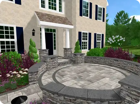 ScapeWorx front entrance renovation with stone patio and lush plantings.