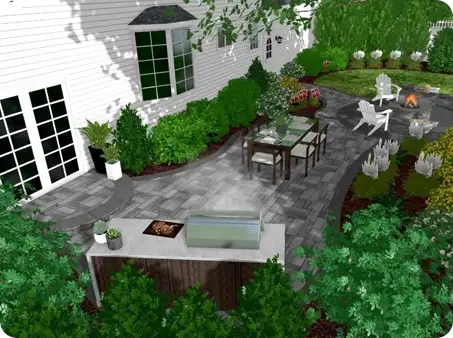 ScapeWorx backyard renovation with outdoor kitchen, dining space, and fire pit area.