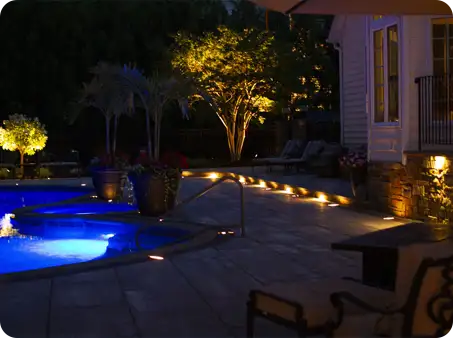 ScapeWorx poolside landscape lighting with accent lights and illuminated trees.