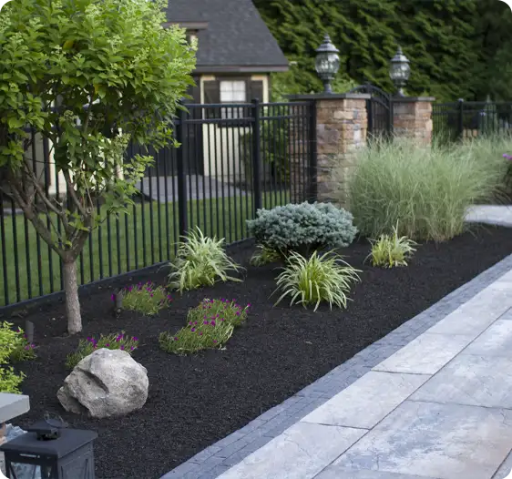 Mulch installation by ScapeWorx with fresh black mulch, ornamental plants, and clean stone edging along a garden bed.