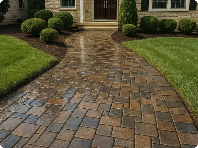 Sealed paver walkway with a glossy finish, showcasing enhanced color and protection.