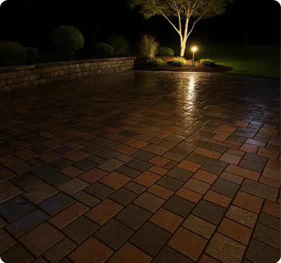 Sealed paver patio with a shiny finish, illuminated by outdoor lighting for a stunning night view.