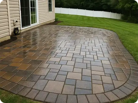 Sealed paver patio with a smooth, glossy finish, showcasing a neatly laid pattern and clean edges.