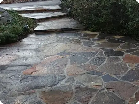 Sealed natural stone pathway with a smooth, glossy finish that enhances the vibrant colors.