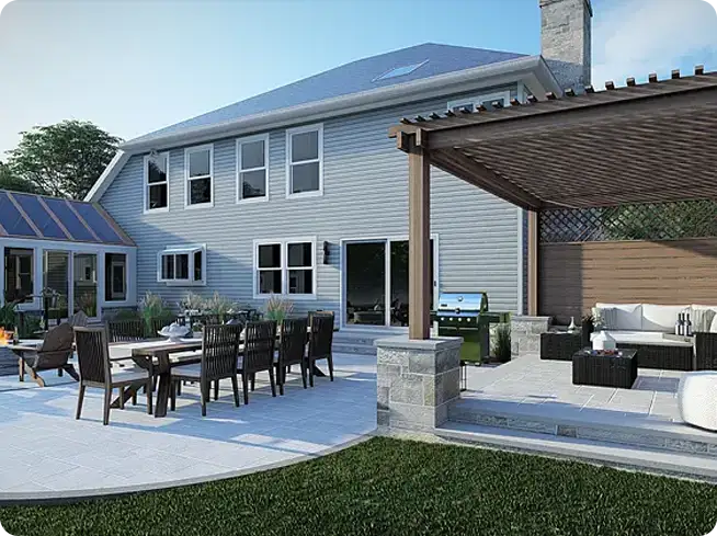 Modern backyard patio with pergola and dining area