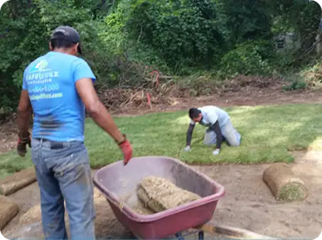 ScapeWorx team members laying and positioning sod rolls for a fresh lawn installation in a wooded backyard.
