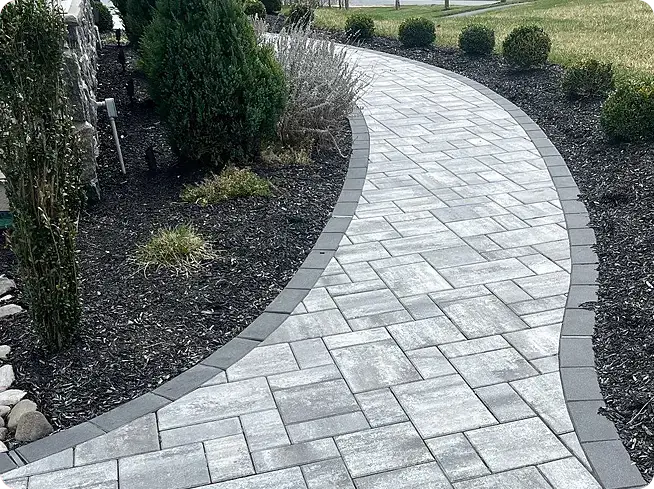 Curved walkway made of pavers, with sharp garden beds on either side, designed by ScapeWorx.