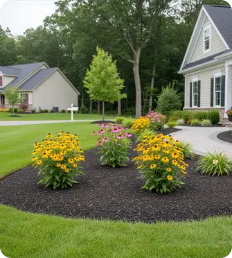 Vibrant seasonal flowers in a landscaped bed in Greenville, DE.
