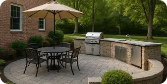 Outdoor patio with kitchen and dining area in Greenville, De - ScapeWorx
