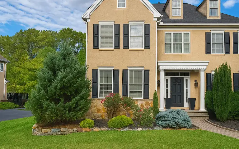 Front yard landscaping in West Chester featuring foundation plantings and stone edging by ScapeWorx