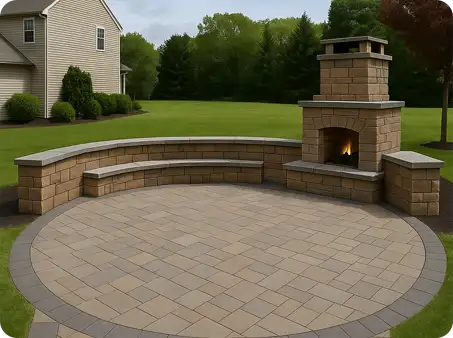 Outdoor stone fire pit and fireplace with circular seating.