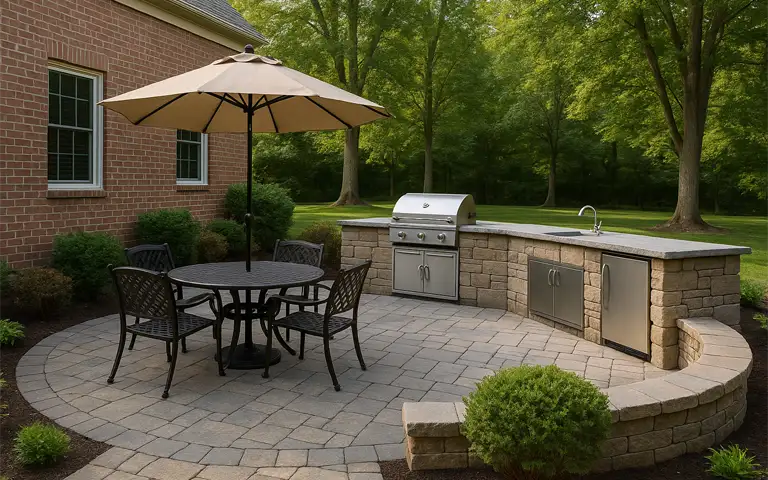 Outdoor patio with kitchen and dining area in Greenville, De - ScapeWorx