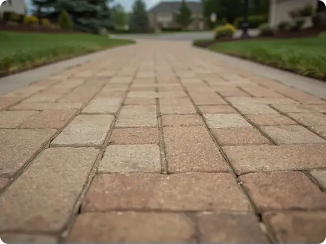 Long, straight residential paver walkway leading into the distance
