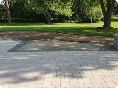 Large light-grey paver patio with a prepared sand base for an extension by ScapeWorx.