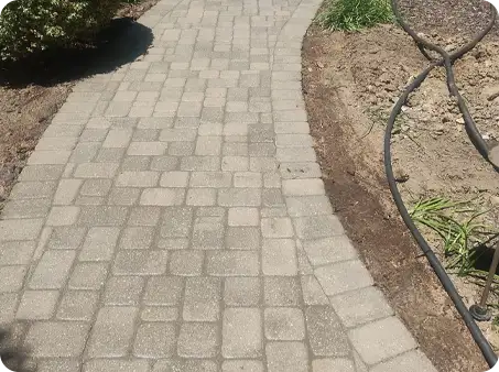 Curved paver walkway through a garden, a ScapeWorx specialty, with exposed soil along the edges.