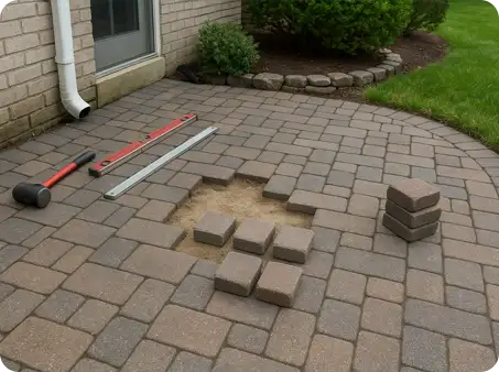 Paver patio undergoing repair with removed pavers, tools, and replacement blocks by ScapeWorx.