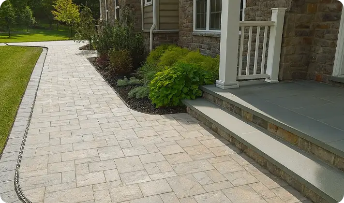 Stone walkway installation by ScapeWorx leading to a front porch in Aston, PA