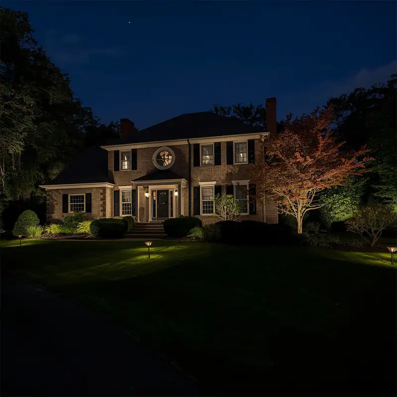 Landscape Lighting in Media PA. Front Yard installation designed by ScapeWorx.