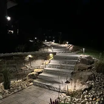 ScapeWorx stone staircase landscape lighting installation in Media PA