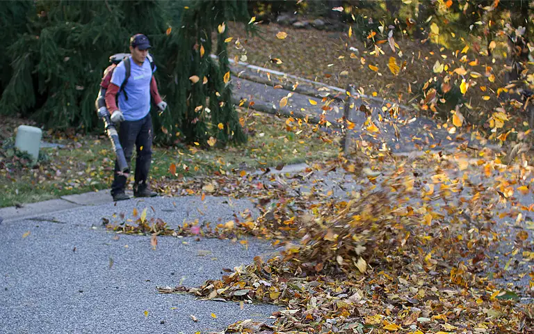 Professional ScapeWorx team member using a leaf blower during ScapeWorx fall clean up service