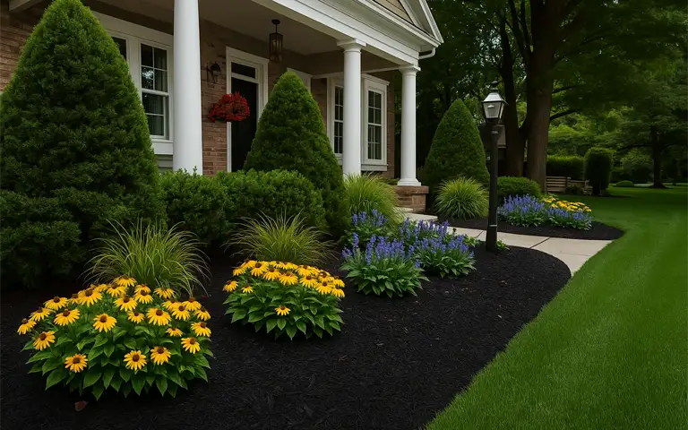 Front yard landscape design in Kennett Square by ScapeWorx with fresh black mulch, ornamental grasses, vibrant yellow and purple blooms, and manicured shrubs near a stone-columned porch.