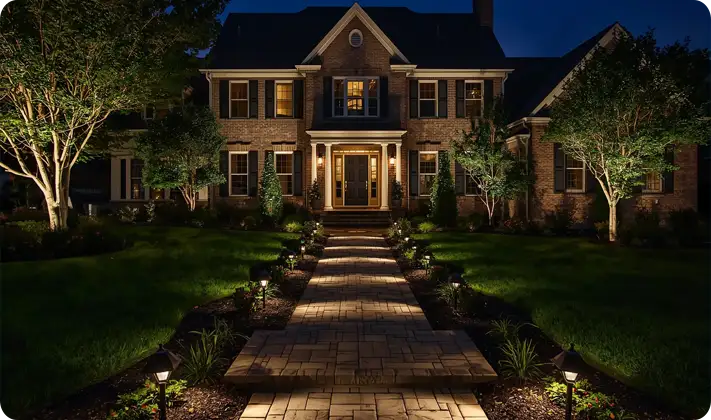 Backyard fire pit installation in Kennett Square by ScapeWorx featuring a circular stone fire pit with evening lighting and friends gathered around.
