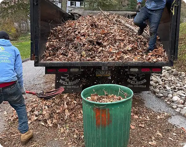 ScapeWorx crew unloading leaves for fall clean up Gladwyne