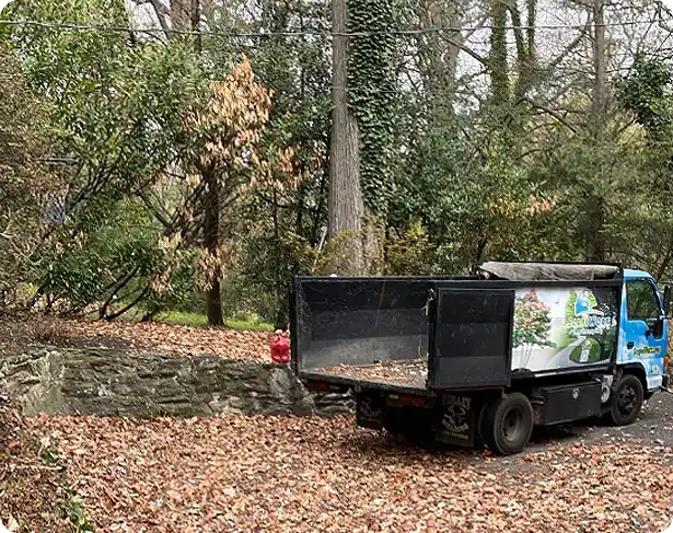 ScapeWorx truck parked for fall clean up Greenville DE surrounded by fallen leaves