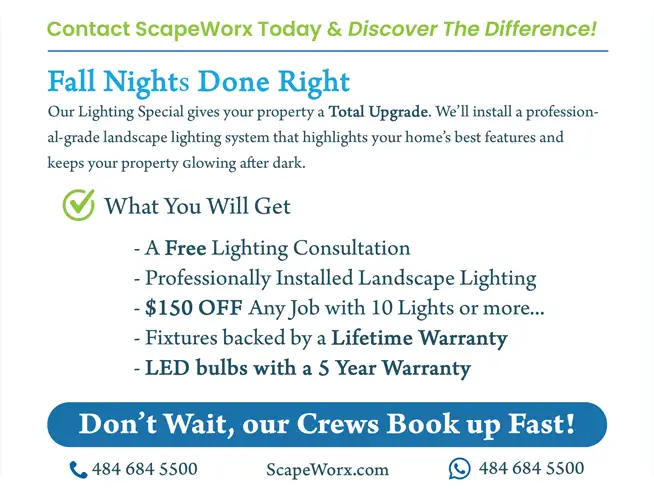 ScapeWorx Fall Landscape Lighting Special Flyer 2025 featuring professional lighting installation offers and seasonal discounts.